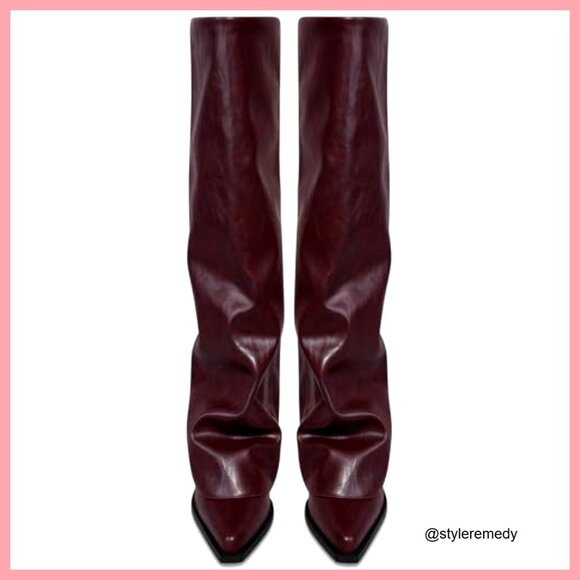 Women's Faux Leather Over the Knee Boots with Chunky Heel and Pointed Toe - Picture 6 of 7